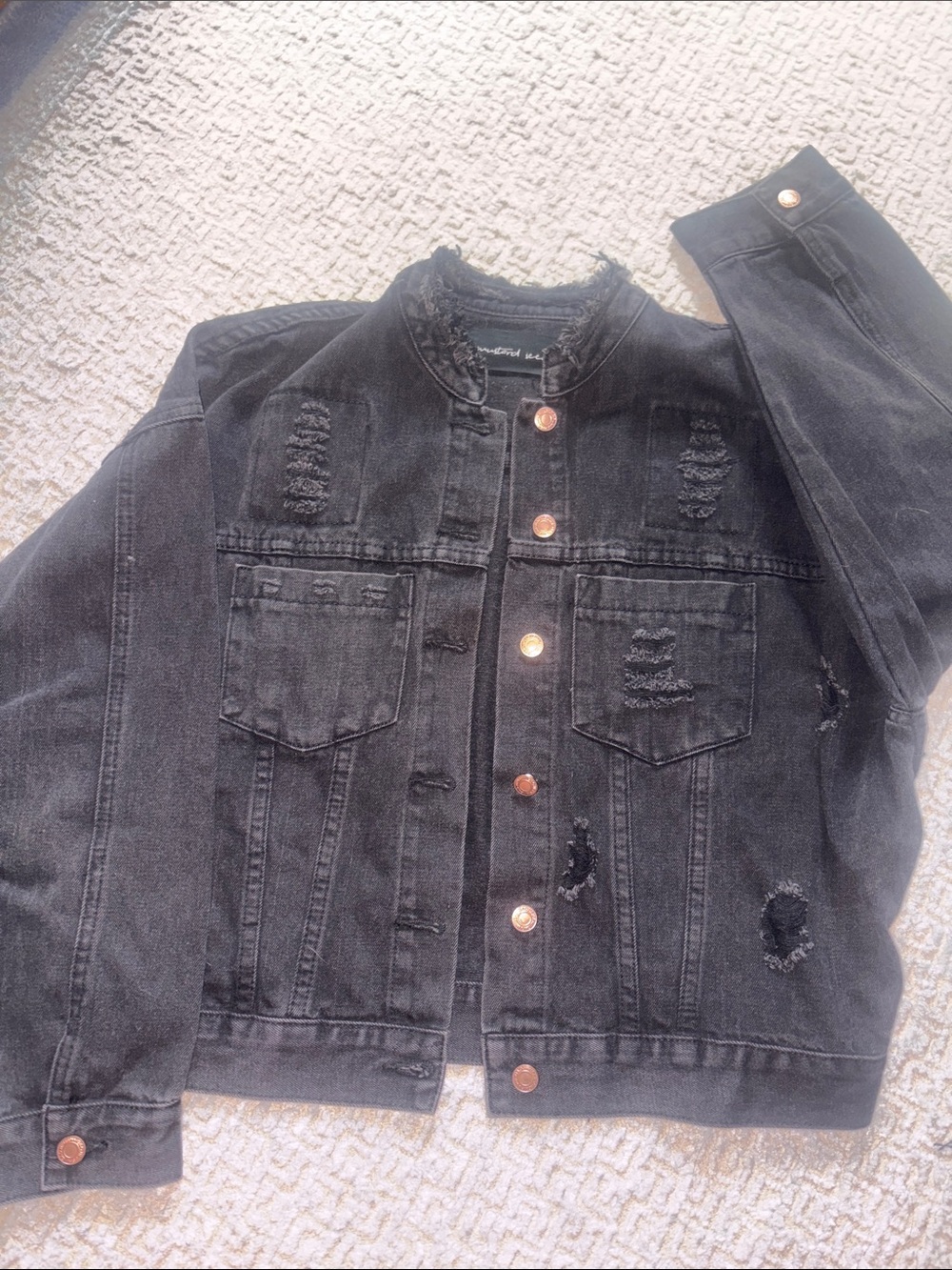 Oversized Black Distressed Denim Jacket - Women's Casual Button-Up